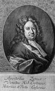 Portrett av Apostolo Zeno (cirka 1668-1750), italiensk poet, librettist, journalist og bokstavmann, gravering av Unbekannt Unbekannt