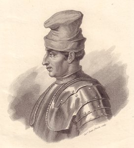 Portrett av den italienske militærlederen Niccolo Fortebraccio også kjent som della Stella (1389-1435), kobberstikk av Caterina Piotti-Pirola av Unbekannt Unbekannt