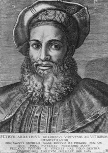 Portrett av Pietro Aretino (1492-1556), italiensk poet, forfatter og dramatiker, gravering av Marcantonio Raimondi (født ca. 1470-1482, død 1527-1534), 22 3x15 4 cm av Unbekannt Unbekannt