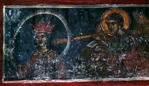 Helgen som spiller på hornet, freskomaleri i kirken Agios Ioannis Prodromos, Margarites, Kreta, Hellas (bilde) av Unbekannt Unbekannt