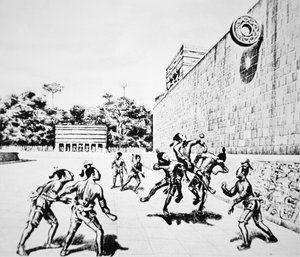 Ballspillet til 'Tlachthli' spilt på Chichen Itza (litho) av Unbekannt Unbekannt