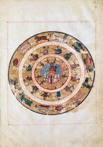 Solvognen og dyrekretsens tegn, miniatyr fra et tidlig middelaldermanuskript, astronomisk tabell av Ptolemaios (ca 100-175), hellenistisk sivilisasjon av Unbekannt Unbekannt