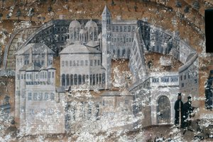 Utsikt over klosteret, freskomaleri i Ikosifinissis kloster, nær Serres, Hellas av Unbekannt Unbekannt