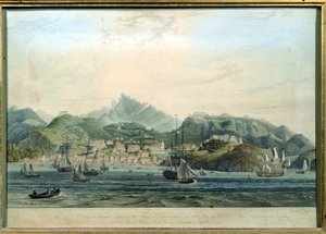 En utsikt over byen St. George og Richmond Heights på øya Grenada, gravert av William Daniell 1769-1837, gravering ca. 1810 av Lieutenant-Colonel J. Wilson