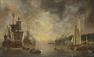 En havn med en fløyte, en fregatt som skyter en salutt, en fløyte blir stilt og en States Yacht, med annen skipsfart ved solnedgang