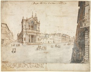 Atten utsikt over Roma: Santa Maria in Via Lata, 1665. av Lievin Cruyl