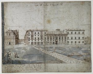 Atten utsikt over Roma: The Collegio di Propaganda Fide (recto) av Lievin Cruyl