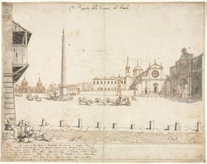 Atten utsikt over Roma: Piazza del Popolo (foran) av Lievin Cruyl