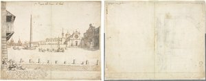 Atten utsikt over Roma: Piazza del Popolo (recto); Skisse for San Giovanni in Laterano (verso) av Lievin Cruyl