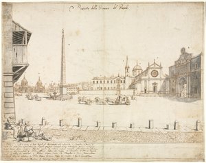 Atten utsikt over Roma: Piazza del Popolo recto, 1664. av Lievin Cruyl