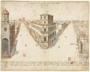 Atten utsikt over Roma: Quattro Fontane ser mot Santa Maria Maggiore, 1665. av Lievin Cruyl