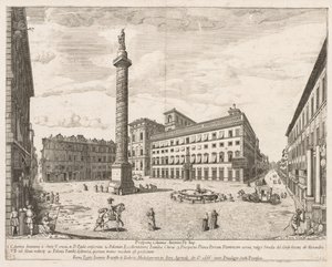 Piazza Colonna fra "Utsikt over landemerkene i byen Roma" av Lievin Cruyl