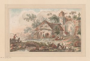 Hus foran en falleferdig byport, med en mann på en bro i forgrunnen av Liger (attributed to)