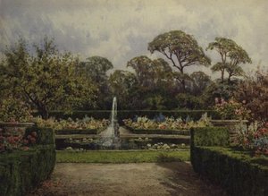 The Lily Pond Garden med en sirkulær dam og en kjerubfontene (akvarell og gouache)
