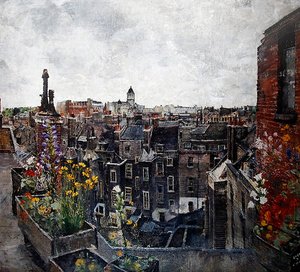 City of London Skies and Flowers (Roofs of High Holborn) 1930-tallet (olje på lerret) av Lily Delissa Joseph