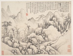 Fjellretreat, blad fra album for Zhou Lianggong, datert til 1654–55 (blad fra et samlealbum med mange blader; blekk og farge på papir) av Lin Shi