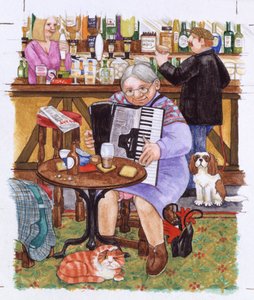 Bestemor og en katt og et trekkspill (akvarell på papir)