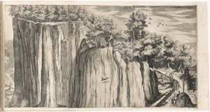 Utsikt over fjellet La Verna fra veien til Casentino (Vue de la montagne della Vernia...) [plate A] av Lino Moroni