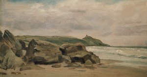 Utsikt mot Rame Head, Cornwall, 1800-tallet (olje på kvernbrett)