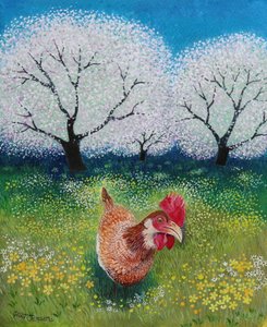 Orchard Hen, 2021, (akryl på papir) av Lisa Graa Jensen