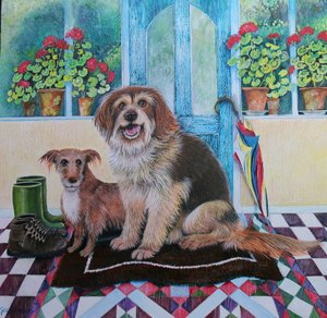 Time for Walkies, 2021, (akryl på papir) av Lisa Graa Jensen