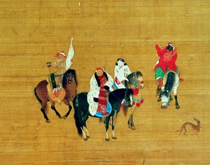 Kublai Khan (1214-94) Jakt, Yuan-dynastiet (blekk og farge på silke) (detalj) av Liu Kuan tao