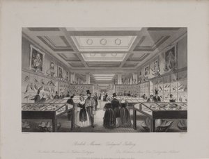 Utsikt over Zoological Gallery, British Museum som viser besøkende som ser på utstillinger, ca. 1850 (gravering) av Llewellyn (after) Jewitt