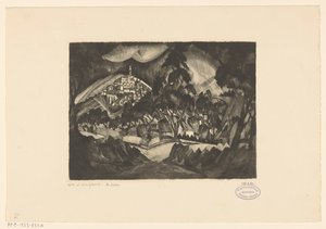 Kupert landskap med trær og bygninger Le Soir (original tittel på objekt) av Lodewijk Schelfhout (signed by artist)