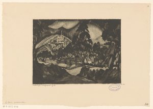Kupert landskap med trær og bygninger Le Soir (original tittel på objekt) av Lodewijk Schelfhout (signed by artist)