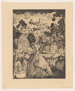Kupert landskap med jeger Paysage romantic (original tittel) av Lodewijk Schelfhout (signed by artist)