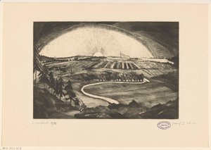 Oppgående eller nedgående sol over et kupert landskap La Bruyere (original tittel på objekt) av Lodewijk Schelfhout (signed by artist)