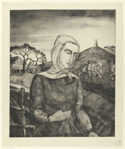 Flamsk bonde i et kupert landskap Jeune fille Flamande (original tittel) av Lodewijk Schelfhout (signed by artist)