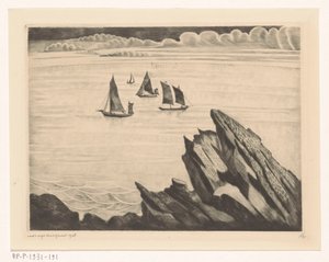 Seilskip utenfor den bretonske kysten Un soir en Brittany (original tittel) av Lodewijk Schelfhout (signed by artist)
