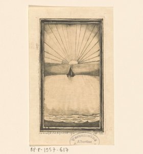 Seilskip til sjøs ved stigende eller nedgående sol av Lodewijk Schelfhout (signed by artist)