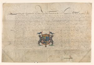 Diplom der Louis XIV opphøyde Cornelis Lampsins til baron av Tobago og ridder av St. Michels orden av Lodewijk XIV (koning van Frankrijk) (signed by artist)