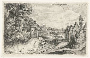 Landskap med to gårder langs en vei