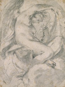 En nymfe (flora) blant skyer (svart kritt med stubbe på off-white papir) av Lodovico Carracci