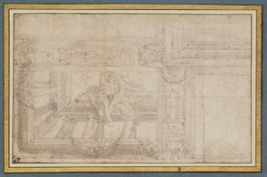 Ignudo, etter en takfreskomaleri i Sala di Ulisse, Palazzo Poggi, Bologna av Lodovico Carracci