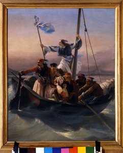Grekere på et skip Allegory of Hellas marsjerte mot uavhengighet etter den osmanske dominansen og den greske uavhengighetskrigen (1821-1830) eller den greske revolusjonen. Maleri av Ludovico Lipparini (1800-1856) 1848 Verone av Lodovico Lipparini