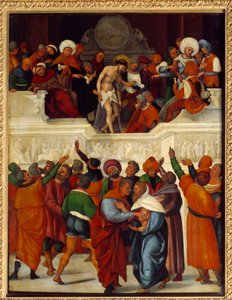 Ecce gay (Her er mannen) (uttrykk brukt av Pontius Pilatus (Pontius Pilatius) i oversettelsen av Vulgata av Johannesevangeliet (19:5) når han presenterer Jesus for den slagne folkemengden og tornekronen). Tremaleri av Ludovico Mazzolino (ca. 1480-rundt