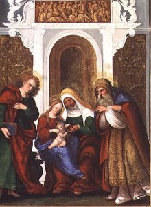 Madonna og barn med SS. Anne, Johannes evangelisten og Zacharias eller Madonna og St. Anne of the Cherries (panel)