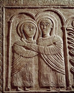 Arkeologi i middelalderen (middelalderen). Barbarian Art of Lombardia: Visitation, Saint Elizabeth and Saint Mary. Skulptur, Lombard kunst, 737-744. Cividale del Friuli, Chretien-museet, katedralens skatt