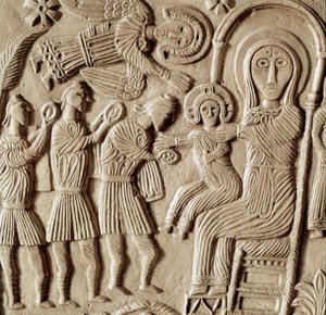 Arkeologi i middelalderen (middelalderen). Lombardias barbariske kunst: tilbedelse av magi, lavt relieff av alteret til hertug Rachis. Skulptur, Lombard kunst, 737-744. Cividale del Friuli, Chretien-museet, katedralens skatt