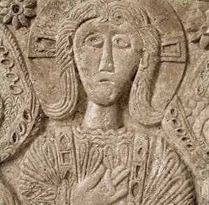 Arkeologi i middelalderen (middelalderen). Barbarkunst fra Lombardia: detalj av Kristus, lavt relieff av alteret til hertug Rachis. Skulptur, Lombard kunst, 737-744. Cividale del Friuli, Chretien-museet, katedralens skatt