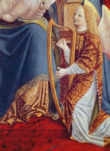 Madonna and Child with Angel Musicians, detalj av Angel Musician Playing the Harp, ca. 1490-1500 (tempera på panel)
