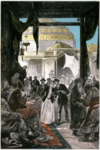 Samarkandes basar (nå Samarkand eller Samarqand i Usbekistan), illustrasjon av romanen av Jules Verne quot;Claudius Bombarnacquot;quot; utgave Hetzel 1892 - Tegning av Leon Benett (Hippolyte Leon Benet