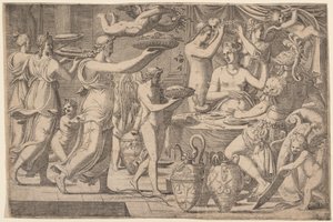Venus og Mars servert av Amor og de tre nåde av Léon Davent, after Luca Penni