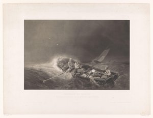 Vissers in een roeiboot op zee Marine gezichten (serietittel) Marine malerier. Litografiert i mezzotint av L. Sabatier etter Eug. Isabey (serietittel på objekt) av Léon Jean Baptiste Sabatier