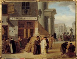 På Egide de Minerve, en bokhandel i Liege, Belgia som solgte bøker forbudt av makten eller av kirken. Joseph IIs toleransepolitikk (1741-1790) favoriserte leksikon. Maleri av Leonard Defrance (eller De France) (1735-1806) Dijon fra 1700-tallet