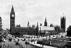 Houses of Parliament og Westminster Hall sett fra Parliament Square, London, c1905. av London Stereoscopic and Photographic Co